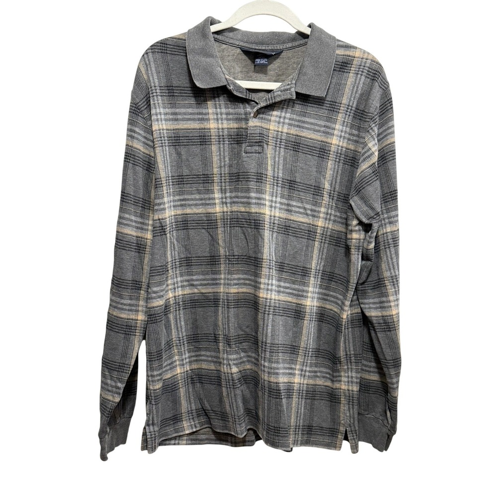 Vintage Lands End Mens Regular L Long Sleeve Gray Plaid Polo Shirt Cotton